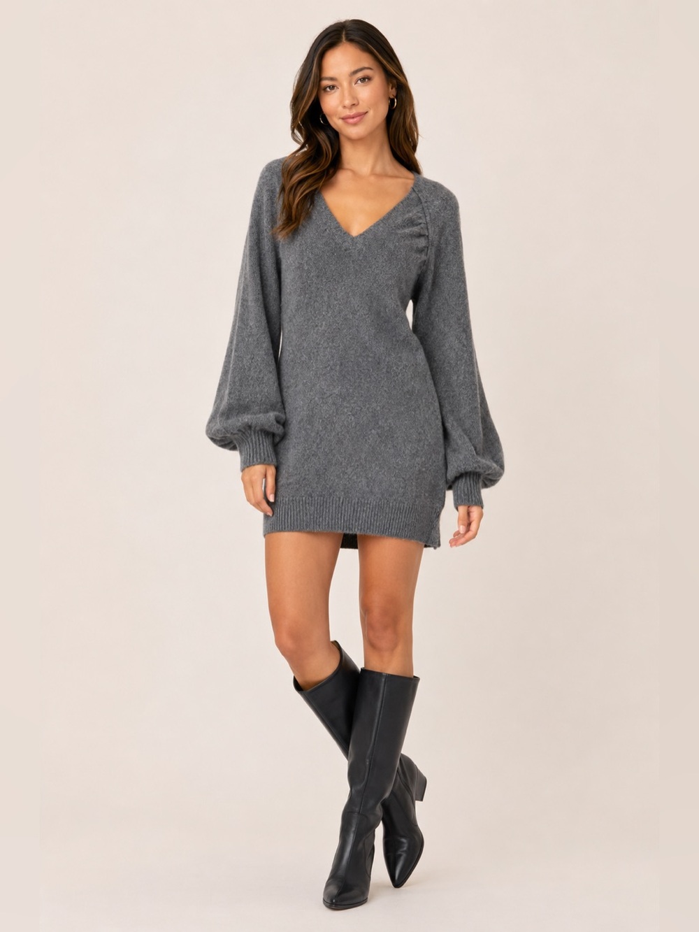 Madison Marcus Cashmere Sweater Dress S Gray Tunic Balloon Sleeve Luxury Knit